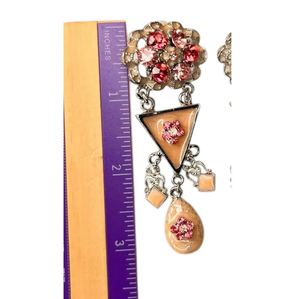 Ornate Art Deco Pink Rhinestones & Peach enamel Dangle Clip-On Earrings -New
